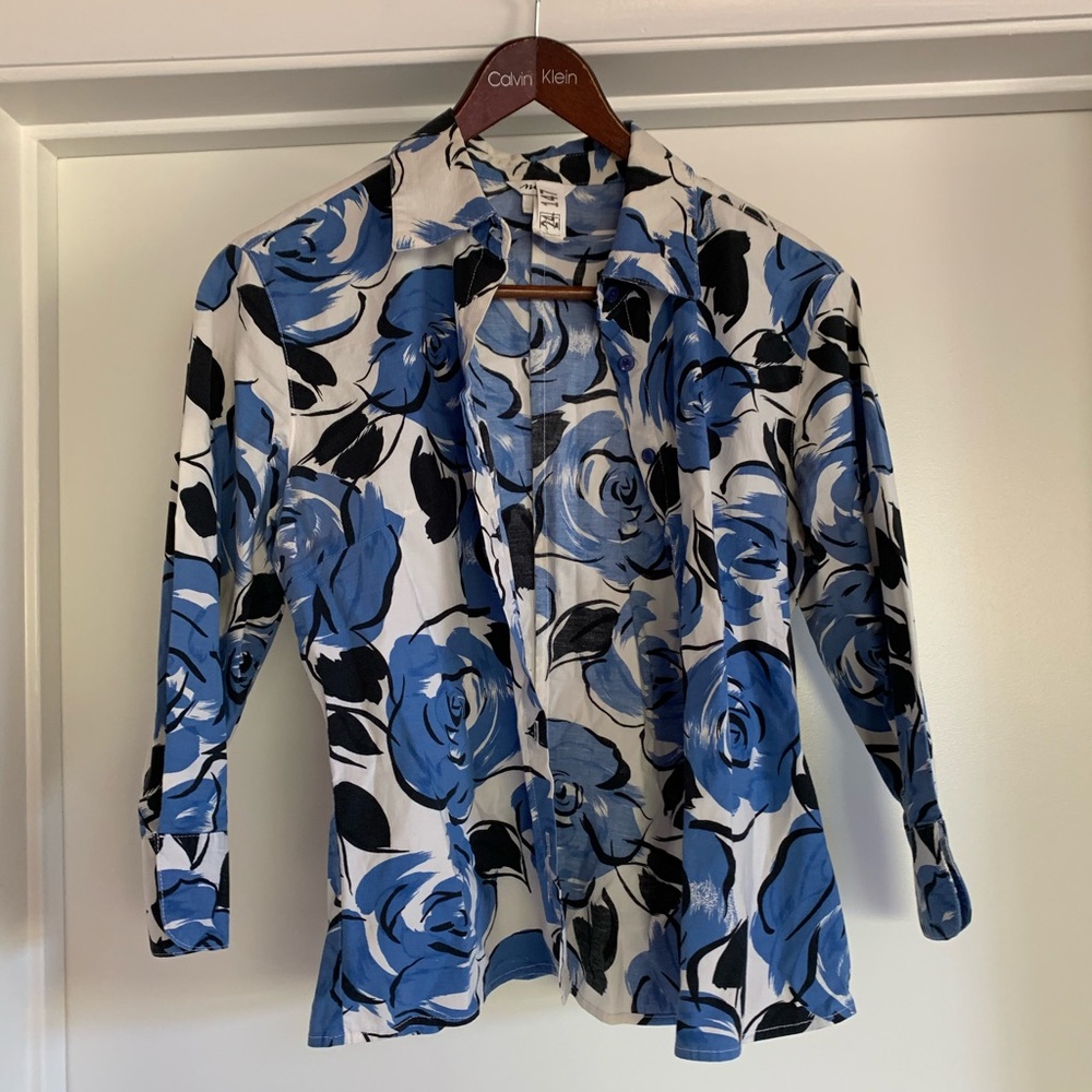 Button-down blue and white floral blouse